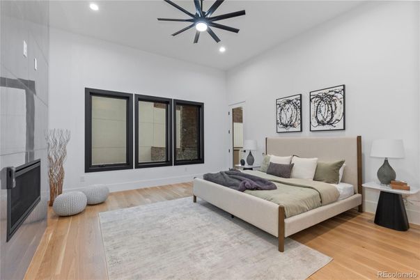 Bedroom, Fireplace, Interior, Recessed Lighting, Wood Texture Flooring
