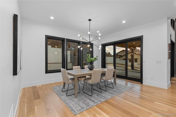 Dining room, Interior, Pendant Lights, Recessed Lighting, Wood Texture Flooring