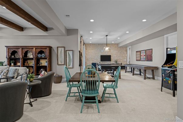 Dining room, Interior, Living room, Pendant Lights, Recessed Lighting, Stone Walls, Wooden Beams