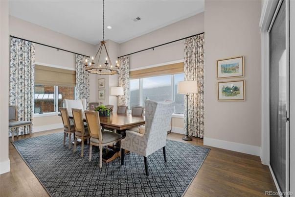 Chandelier, Dining room, Interior, Pendant Lights, Recessed Lighting, Wood Texture Flooring