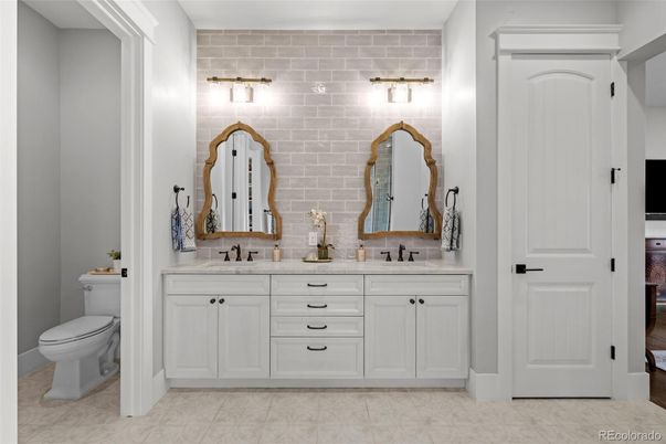 Bathroom, Dual Sink Vanities, Interior, Marble, Stone Walls