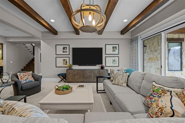 Interior, Living room, Pendant Lights, Recessed Lighting, Stone Walls, Wooden Beams