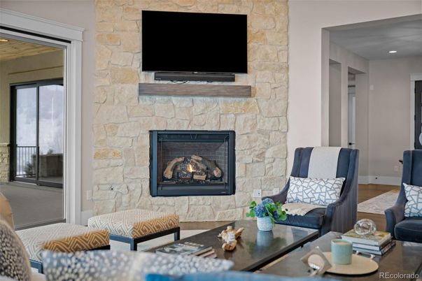 Fireplace, Interior, Living room, Recessed Lighting, Stone Walls