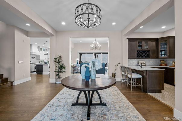 Chandelier, Dining room, Interior, Kitchen, Recessed Lighting, Wood Texture Flooring