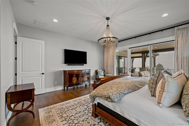 Bedroom, Chandelier, Interior, Recessed Lighting, Wood Texture Flooring