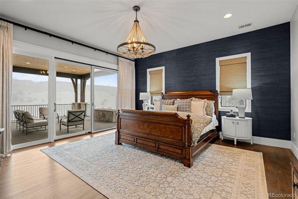 Bedroom, Chandelier, Interior, Recessed Lighting, Wood Texture Flooring