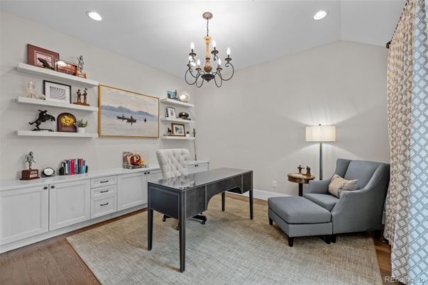 Chandelier, Home Office, Interior, Recessed Lighting, Wood Texture Flooring