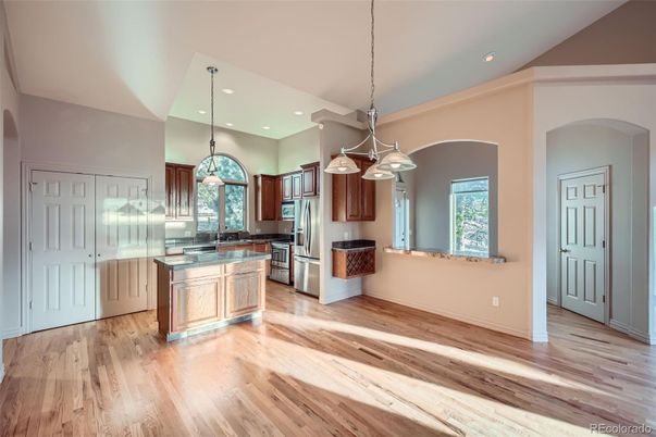 Interior, Kitchen, Pendant Lights, Recessed Lighting, Stainless Steel Appliances, Wood Texture Flooring