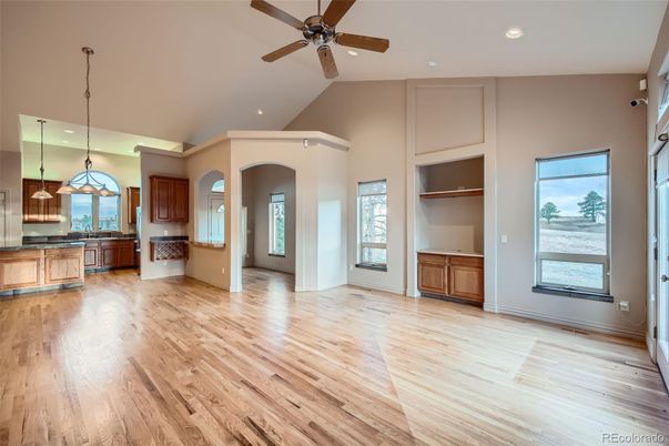 Empty room, Interior, Kitchen, Pendant Lights, Recessed Lighting, Wood Texture Flooring