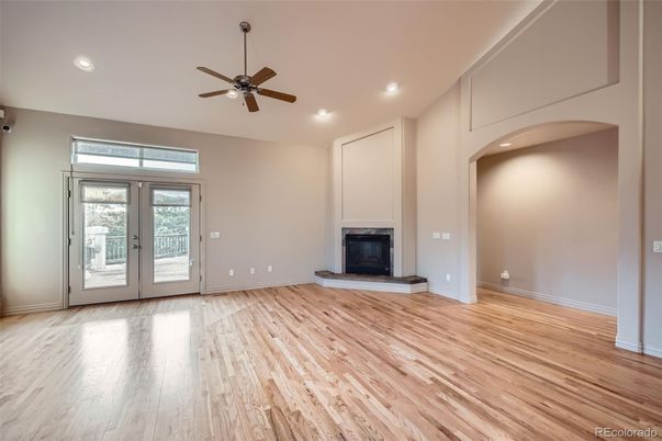 Empty room, Fireplace, Interior, Recessed Lighting, Wood Texture Flooring
