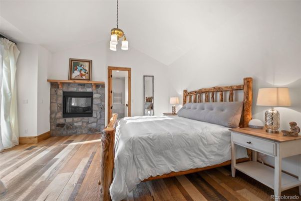 Bedroom, Fireplace, Interior, Pendant Lights, Wood Texture Flooring