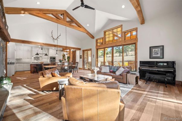 Dining room, Interior, Kitchen, Living room, Pendant Lights, Piano, Recessed Lighting, Wooden Beams, Wood Texture Flooring