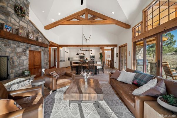 Dining room, Fireplace, Interior, Kitchen, Living room, Pendant Lights, Recessed Lighting, Stone Walls, Wooden Beams, Wood Texture Flooring