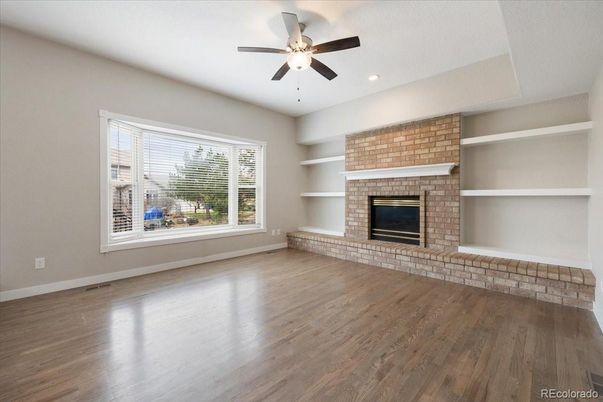 Empty room, Fireplace, Interior, Recessed Lighting, Wood Texture Flooring