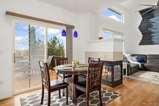 Dining room, Fireplace, Interior, Pendant Lights, Wood Texture Flooring