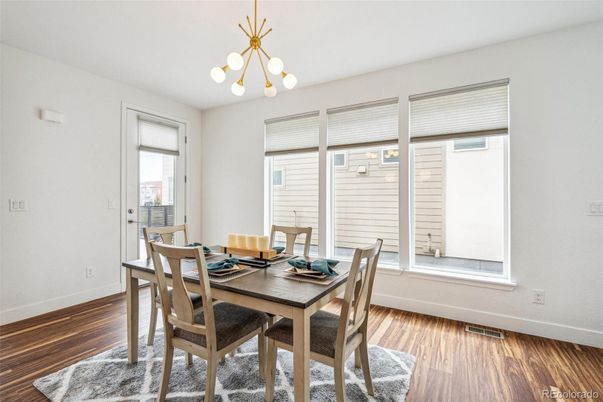 Dining room, Interior, Pendant Lights, Wood Texture Flooring