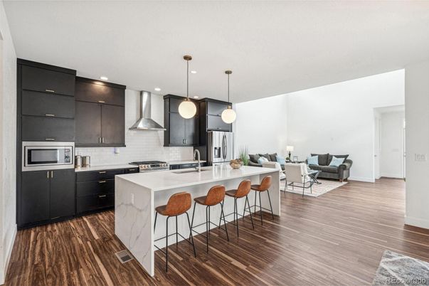 Interior, Kitchen, Living room, Pendant Lights, Recessed Lighting, Stainless Steel Appliances, Wood Texture Flooring