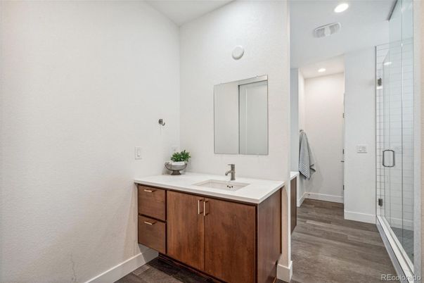Bathroom, Glass Shower, Interior, Recessed Lighting, Wood Texture Flooring