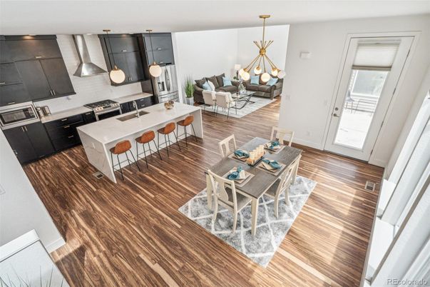 Dining room, Interior, Kitchen, Living room, Pendant Lights, Wood Texture Flooring