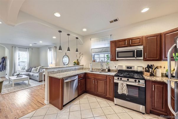 Interior, Kitchen, Living room, Pendant Lights, Recessed Lighting, Stainless Steel Appliances, Wood Texture Flooring