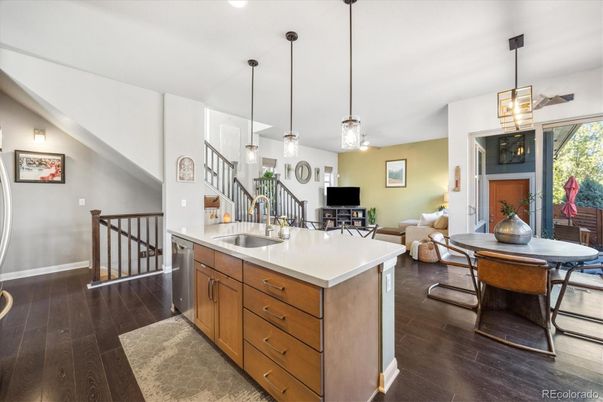 Dining room, Interior, Kitchen, Living room, Pendant Lights, Recessed Lighting, Wood Texture Flooring