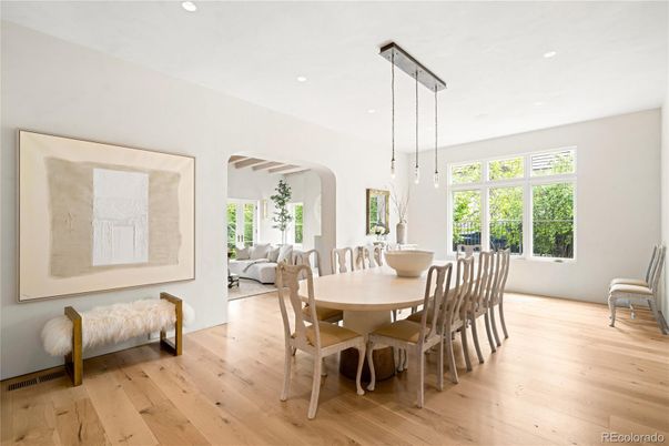 Dining room, Interior, Living room, Pendant Lights, Recessed Lighting, Wood Texture Flooring