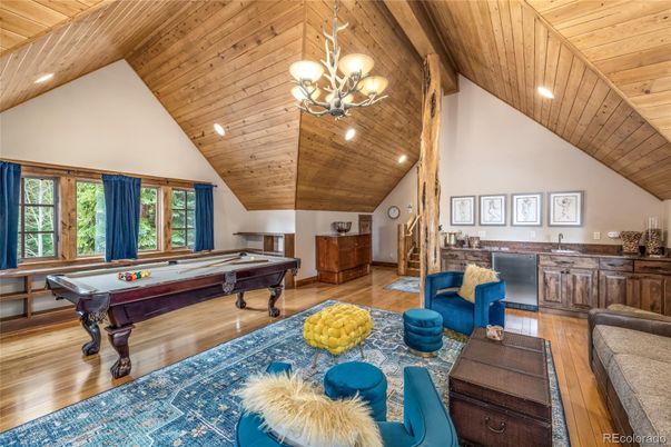 Billiard Table, Chandelier, Game Room, Interior, Pendant Lights, Recessed Lighting, Wooden Beams, Wooden Ceilings, Wood Texture Flooring