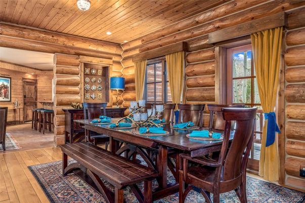 Dining room, Interior, Recessed Lighting, Wooden Beams, Wooden Ceilings, Wood Texture Flooring, Wooden Walls