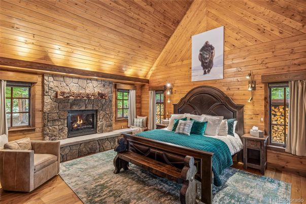 Bedroom, Fireplace, Interior, Wooden Ceilings, Wood Texture Flooring, Wooden Walls