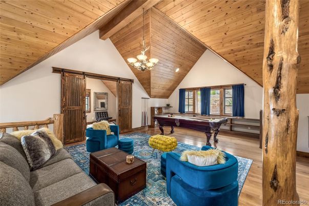 Billiard Table, Chandelier, Game Room, Interior, Living room, Pendant Lights, Wooden Beams, Wooden Ceilings, Wood Texture Flooring