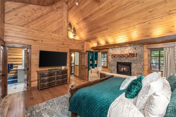 Bedroom, Fireplace, Interior, Wooden Ceilings, Wood Texture Flooring, Wooden Walls
