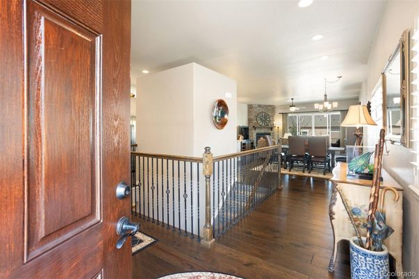 Chandelier, Dining room, Fireplace, Interior, Recessed Lighting, Wood Texture Flooring