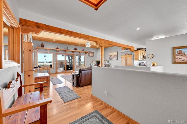 Interior, Living room, Pendant Lights, Recessed Lighting, Wooden Beams, Wood Texture Flooring