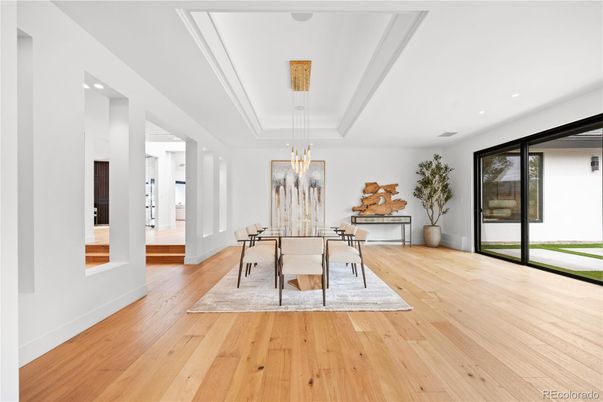 Chandelier, Dining room, Interior, Pendant Lights, Recessed Lighting, Wood Texture Flooring
