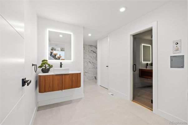 Bathroom, Interior, Marble Walls, Recessed Lighting, Wood Texture Flooring