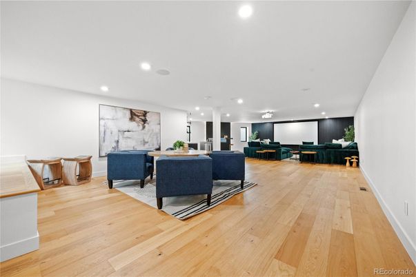 Dining room, Interior, Living room, Recessed Lighting, Wood Texture Flooring