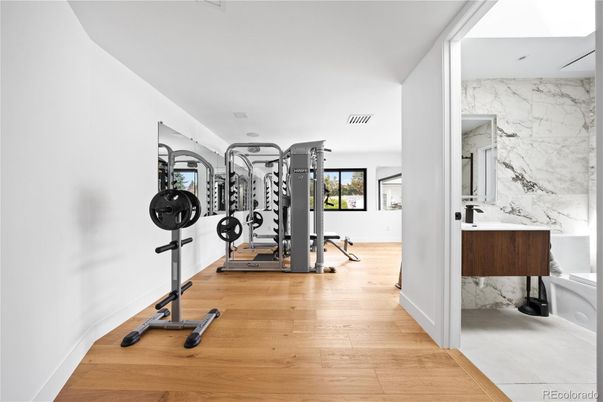 Fitness Equipment, Interior, Marble Walls, Wood Texture Flooring