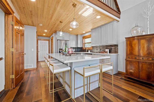 Interior, Kitchen, Pendant Lights, Recessed Lighting, Wooden Ceilings, Wood Texture Flooring