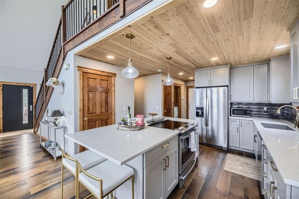 Interior, Kitchen, Pendant Lights, Recessed Lighting, Stainless Steel Appliances, Wooden Ceilings, Wood Texture Flooring