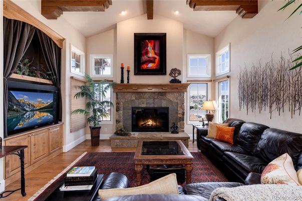 Fireplace, Interior, Living room, Recessed Lighting, Wooden Beams, Wood Texture Flooring