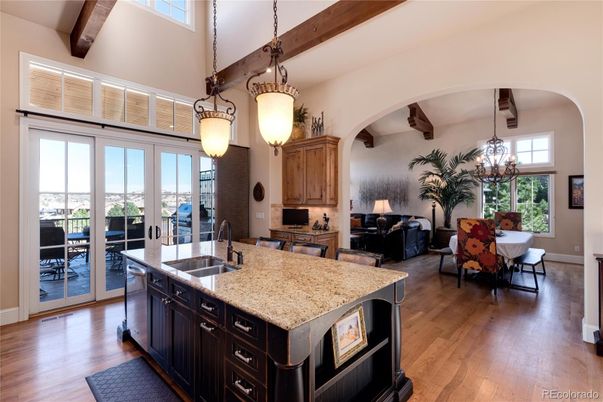 Chandelier, Dining room, Interior, Kitchen, Pendant Lights, Wooden Beams, Wood Texture Flooring
