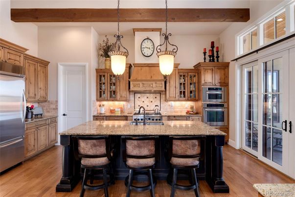 Interior, Kitchen, Pendant Lights, Stainless Steel Appliances, Wooden Beams, Wood Texture Flooring