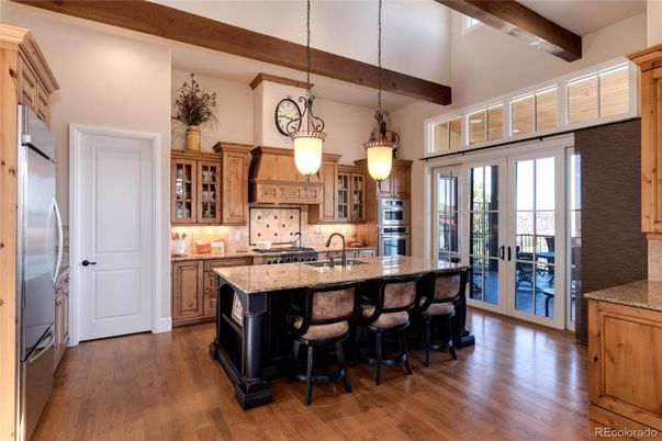 Interior, Kitchen, Pendant Lights, Stainless Steel Appliances, Wooden Beams, Wood Texture Flooring