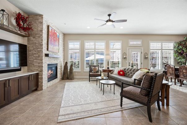 Dining room, Fireplace, Interior, Living room, Recessed Lighting, Stone Walls