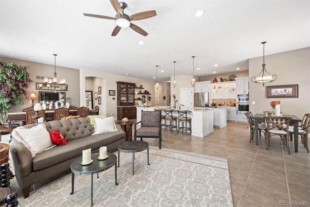Chandelier, Dining room, Interior, Kitchen, Living room, Pendant Lights, Recessed Lighting, Stainless Steel Appliances