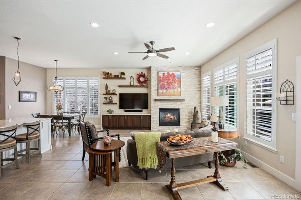 Dining room, Fireplace, Interior, Living room, Pendant Lights, Recessed Lighting, Stone Walls
