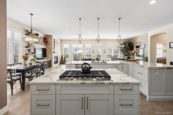 Dining room, Fireplace, Interior, Kitchen, Living room, Pendant Lights, Recessed Lighting, Stone Walls