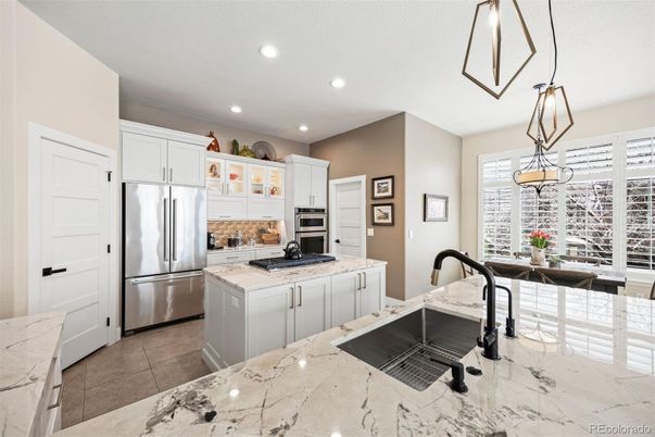 Interior, Kitchen, Marble, Pendant Lights, Recessed Lighting, Stainless Steel Appliances