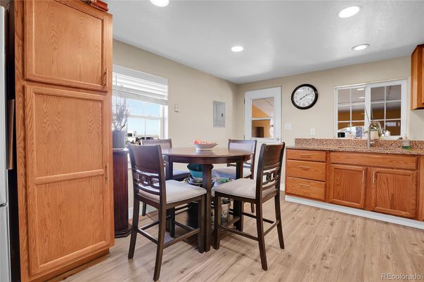 Dining room, Interior, Recessed Lighting, Wood Texture Flooring