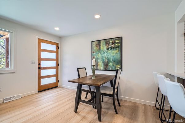 Dining room, Interior, Recessed Lighting, Wood Texture Flooring